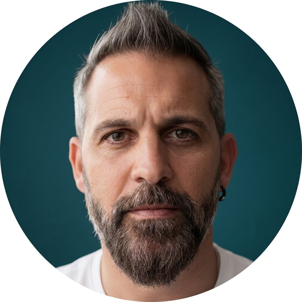 Alberto San Martín — retrato sobre fondo verde de marca